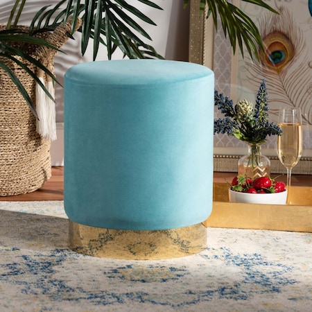 Baxton Studio Chaela Contemporary Glam and Luxe Sky Blue Velvet Upholstered and Gold Finished Metal Ottoman 198-12208-ZORO